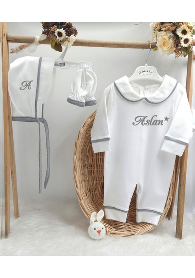 Gros Shop Biyeli 4'lü %100 Pamuklu Hastane Çıkış Tulum Seti Ve Battaniyesi Gri