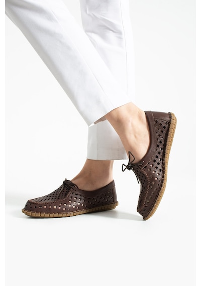 Dabab Shoes Vırena Kadın Acı Kahve Hakiki Deri File Bağcıklı Düz Taban Yazlık Babet Loafer Ayakkabı Kahverengi