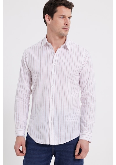 Tudors Erkek Slim Fit Dar Kesim Uzun Kollu %100 Pamuk Keten Doku Çizgili Gömlek-42652 Beyaz