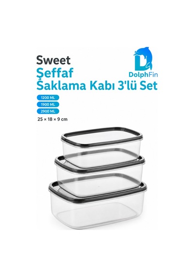 Sweet Şeffaf Saklama Kabı 3'lü Set Siyah 25 18 9 Cm