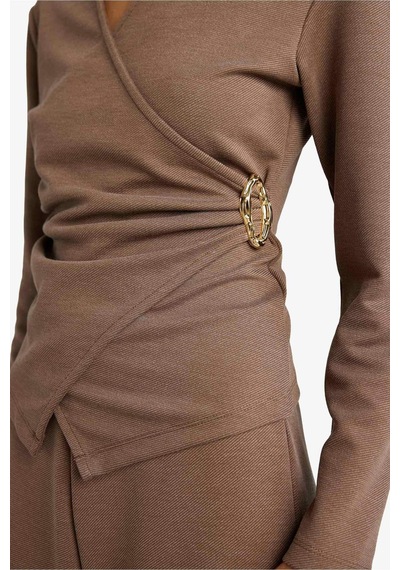 Defacto Regular Fit Wrap Yaka Aksesuar Detaylı Uzun Kollu Bluz G8816ax26spbn531 Kahve-bn531