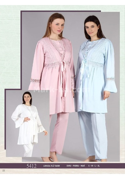 Feyza Bone Club 5412 Bayan Hamile Lohusa 3 Lü Sabahlıklı Pijama Takımı