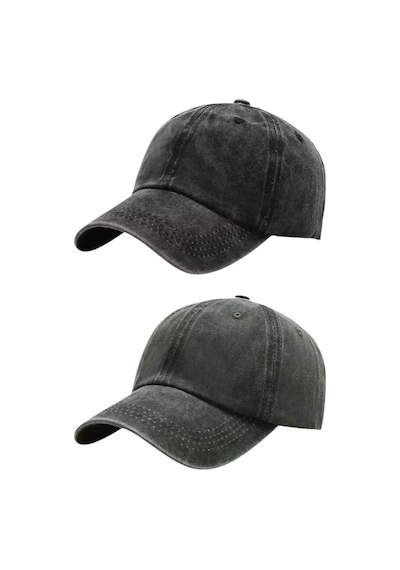 Tezzgelsin Unisex Eskitme Vintage Pamuklu Ayarlanabilir Beyzbol Kep Şapka 2'li Set Siyah - Haki
