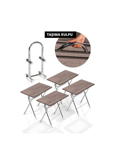 Lumis Garden 4'lü Katlanır Mdf Mebran Beyaz Gri Desen Çanta Zigon Sehpa - Krom Ayak Gri