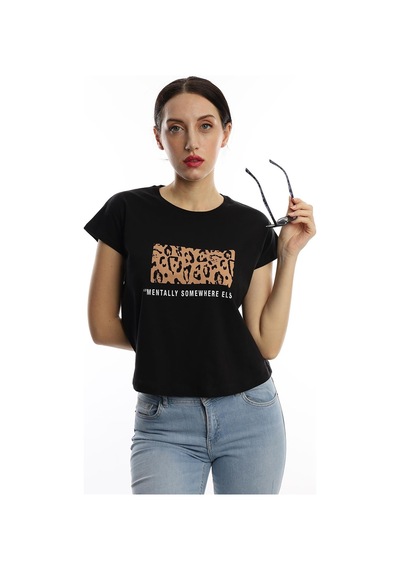 Kadın Pars Desen Baskılı Crop Tişört Siyah