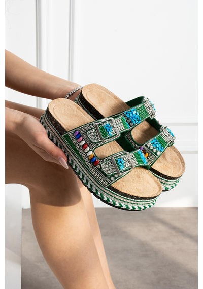 Shoete More Kadın Terli Dolgu Tabanlı Full Taşlı Yeşil Yeşil