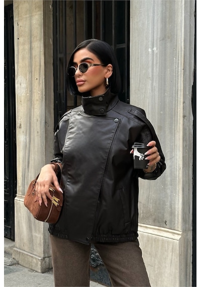 Meecy Zr Model Dik Yaka Fermuarlı Apolet Detaylı Astarlı Deri Ceket Kahverengi Kahverengi Meecy Zr Model Dik Yaka Fermuarlı Apolet Detaylı Astarlı Deri Ceket Kahverengi Kahverengi