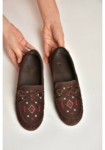 Fox Shoes Y996073102 Kahverengi Süet Renkli Motif İşlemeli Kadın Babet Kahverengi