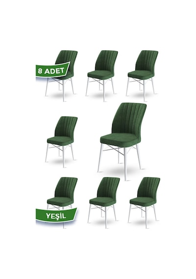Canisa Flex Serisi, Üst Kalite Mutfak Sandalyesi, 8 Adet Yeşil Sandalye, Gürgen Beyaz Ahşap Ayak Sandalye Haki Yeşil Ayaklar Beyaz