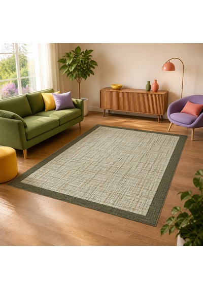 Kartela Halı Jüt Görünümlü Kalın Çerçeveli Halı Adaçayı Yeşili Kaymaz Taban 160x240 Cm