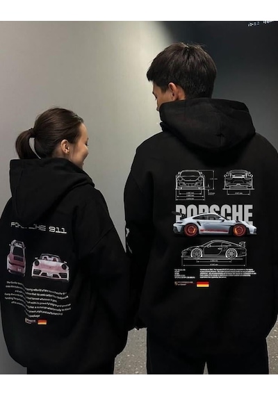 Brz Collection Unisex Oversize Porsche 911 Pink Hoodie Siyah