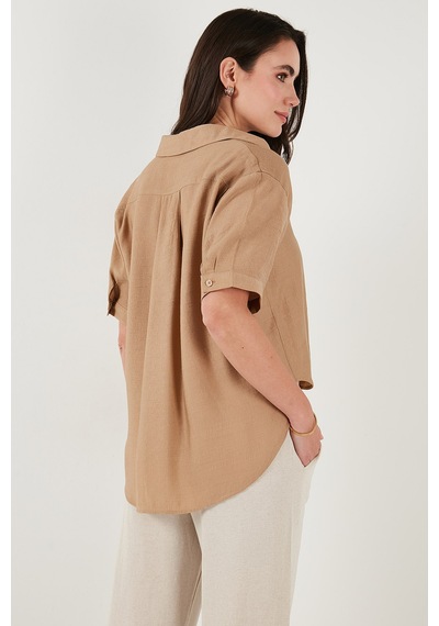 Lela Regular Fit Göğüs Cepli Kısa Kollu Bayan Gömlek 6779324 Bisküvi