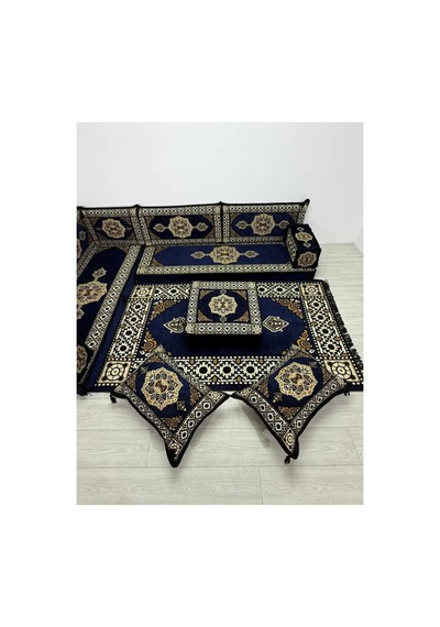 Güneş Modeli Lacivert Otantik Şark Köşesi Takımı L Set - Geleneksel Yer Minderi Seti 10 Cm Minder Kalınlığı 13 Parça