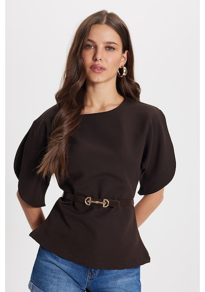 Tudors Kadın Slim Fit Dar Kesim Kol Detaylı İnce Kemerli Fermuarlı Kahverengi Bluz Gömlek-50760