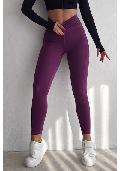 Balenbi Haute Kadın Yüksek Bel Toparlayıcı Çift Cepli Leggings Fitness Tayt 1092 Mürdüm
