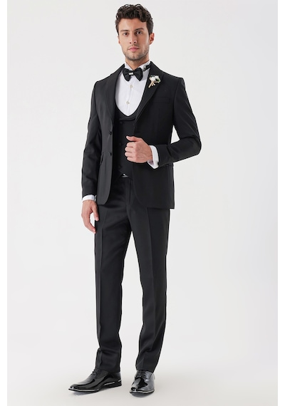İmza Siyah Desenli Armürlü Çıkarılabilir Şal Yaka Kruvaze 6 Drop Slim Fit Smokin Damatlık Takım 1001230214-Siyah