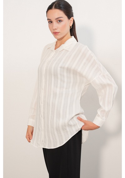 Bigdart Kadın Çizgili Oversize Gömlek 20408 - Beyaz