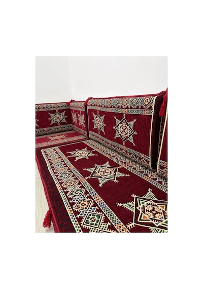 Yıldız Modeli Bordo Otantik Şark Köşesi Takımı L Set - Geleneksel Yer Minderi Seti 10 Cm Minder Kalınlığı 9 Parça