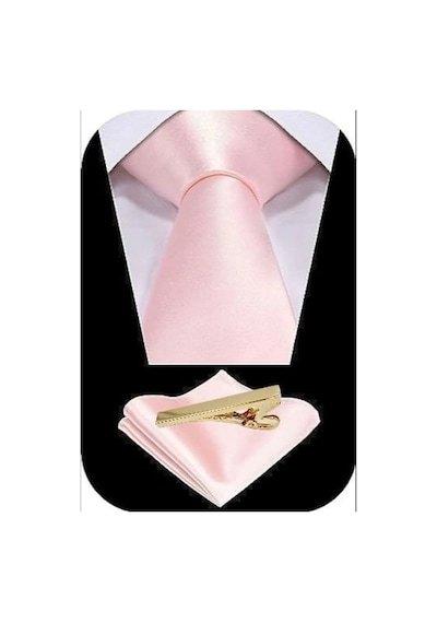 Tezzgelsin Erkek Saten Kravat Mendil Ve Gold Çelik Kravat İğne Set Pembe