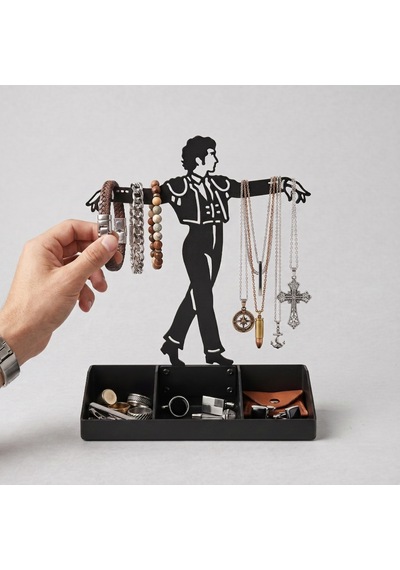 Mens Jewelry Stand & Organizer Flamenco Dancer Valet Tray For Cufflinks, Rings, Watches Black Metal Desk Accessory Gift For Hi Siyah