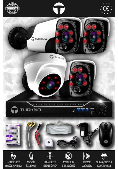 Turkno 4 Kameralı Pania 1 İç Kamera Set HDD'siz Full HD Gece Görüşlü Güvenlik Kamerası Sistemi