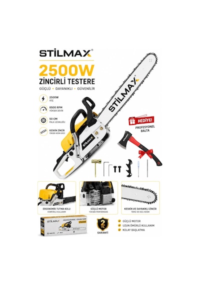 Stilmax ST9000Y 2500W Benzinli Motorlu Testere 50 CM Pala Ağaç Odun Dal Kesme Makinesi + Balta