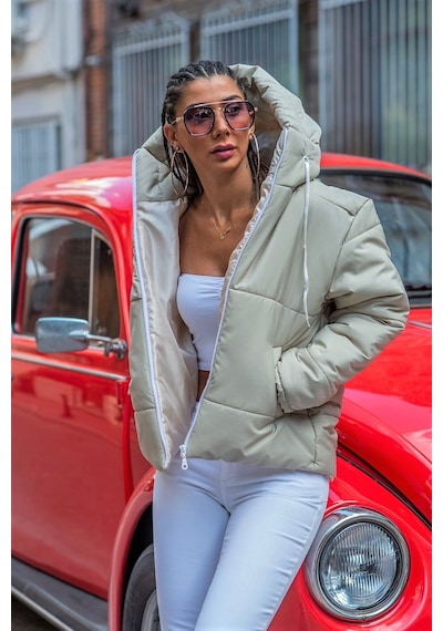 Keyifli Moda Kadın Bej Su Geçirmez Kapüşonlu Şişme Mont