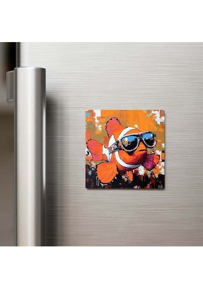Clownfish - Palyaço Balığı - Güneş Gözlüklü Style - Buzdolap Magneti - 9x9 Cm