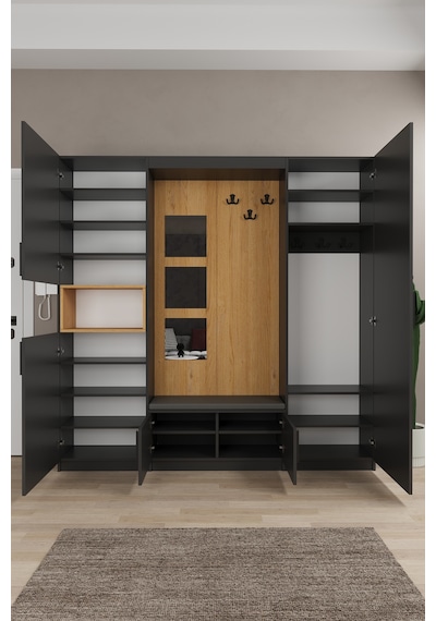 Lüks Aynalı Portmanto Askılı Vestiyer %100 Mdf Çok Raflı Ayakkabılık V05 Koyu Gri - Karina Lüks Aynalı Portmanto Askılı Vestiyer %100 Mdf Çok Raflı Ayakkabılık V05 Koyu Gri - Karina