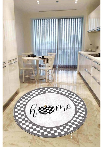 Beyaz Kaymaz Taban Home Yazılı Yuvarlak Mutfak Halısı Ar805n11