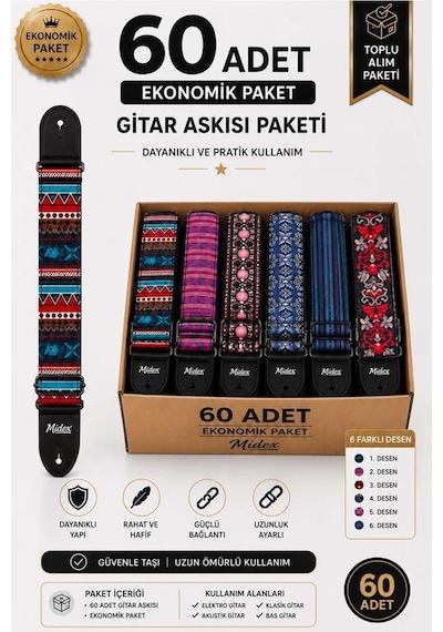 Midex Gsr-60x Özel Tasarım Desenli 60'lı Gitar Omuz Askısı Toptan Paketi 90-145 Cm Uzunluk
