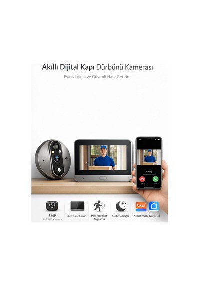 Akıllı Kapı Dürbünü Kamerası 4.3 Inç Ekranlı Gece Görüşlü Pir Sensörlü Tuya Smart Wifi 3 Mp İç Mekan