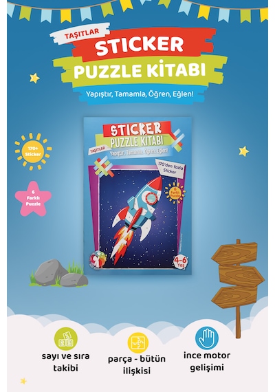 Mert Bebek Sticker Puzzle Kitabı Taşıtlar 4-6 Yaş 170+ Sticker Eğitici Aktivite Kitabı