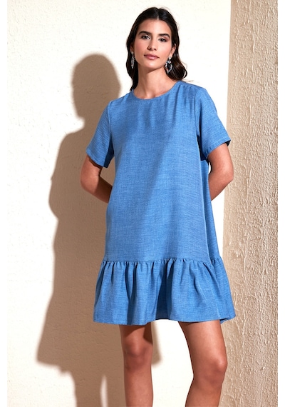Lela Bisiklet Yaka Etek Ucu Volanlı Regular Fit Bayan Elbise 611El00520 Indigo