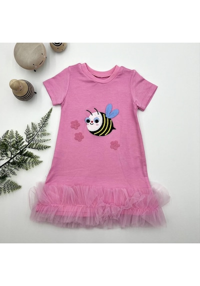 Pekminibebe 1-2-3 Yaş Arıcık Nakışlı Eteği Fırfırlı Jile Kız Çocuk Elbisesi Pembe