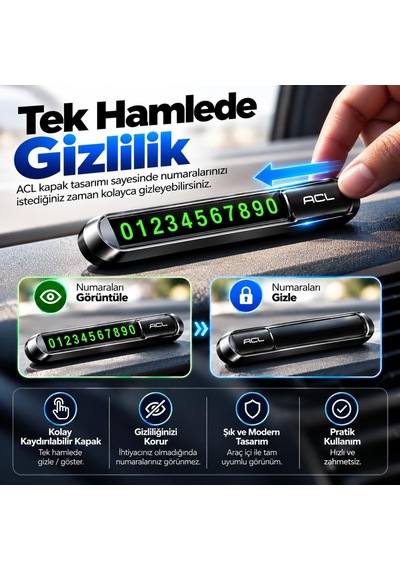 T-143 Metal Manyetik Park Numaratörü - Gizlenebilir Araç İçi Telefon Numarası Gösterici, Şık Konsol Aksesuarı