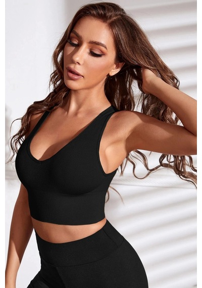 Kapsulavm Kadın Siyah Derin Göğüs Dekolteli Şık Crop Top Bluz