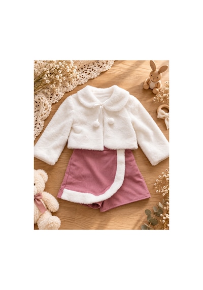 Omeca Concept Kız Çocuk 3'lü Kürklü Takım Peluş Ceket, Fitilli Bluz Ve Şort Etek Pembe Omeca Concept Kız Çocuk 3'lü Kürklü Takım Peluş Ceket, Fitilli Bluz Ve Şort Etek Pembe