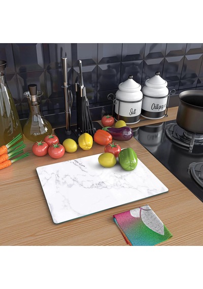 Decovetro Cam Kesme Tahtası Ve Sunumluk Beyaz Mermer Desenli 25 X 35 Cm Çok Renkli