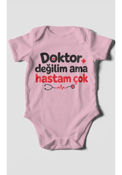 Morivokids Doktor Değilim Ama Hastam Çok Kısa Kollu Bebek Body %100 Pamuk Koyu Pembe