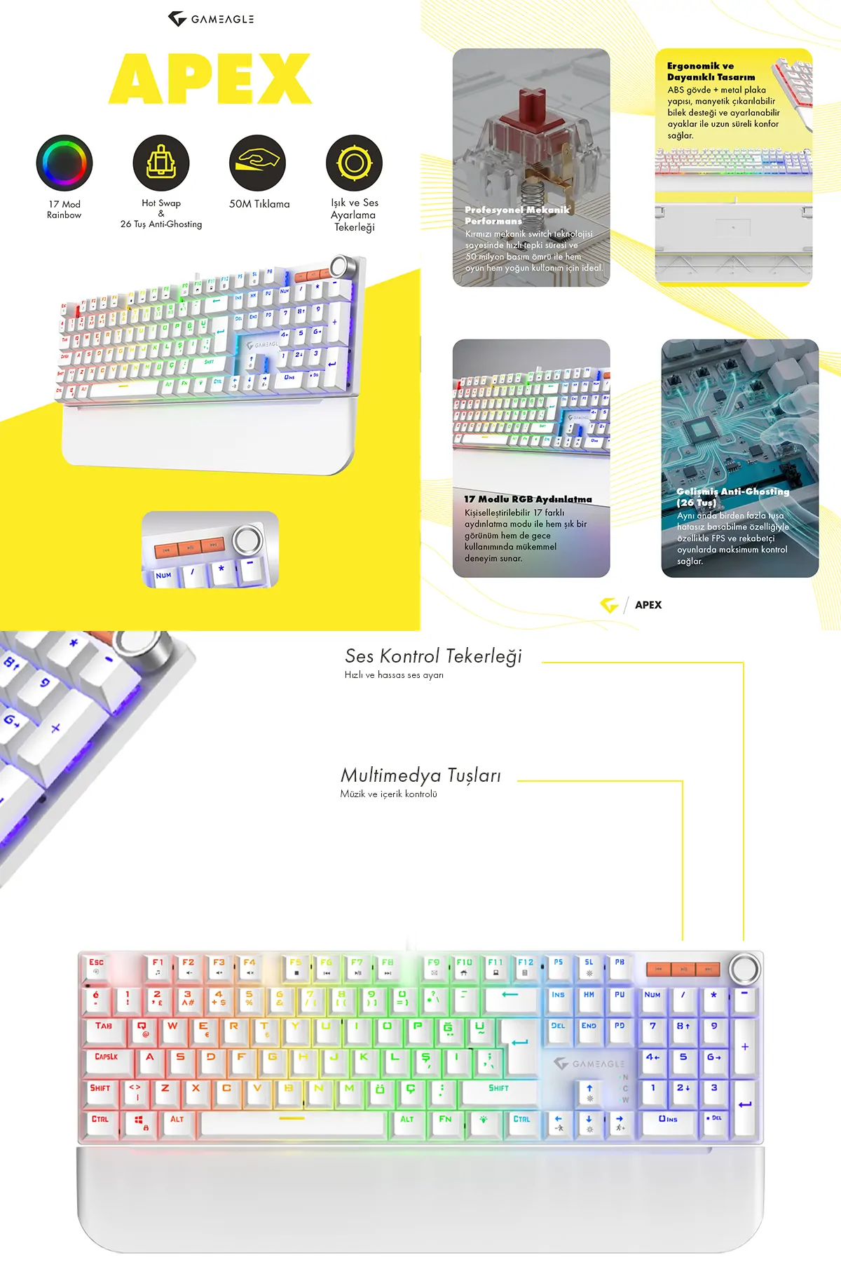 Apex Red Switch Mekanik Klavye Bilek Destekli Full Anti-ghosting Rainbow Gaming Klavye Oyuncu Klavyesi Ses Tekerleği Metal