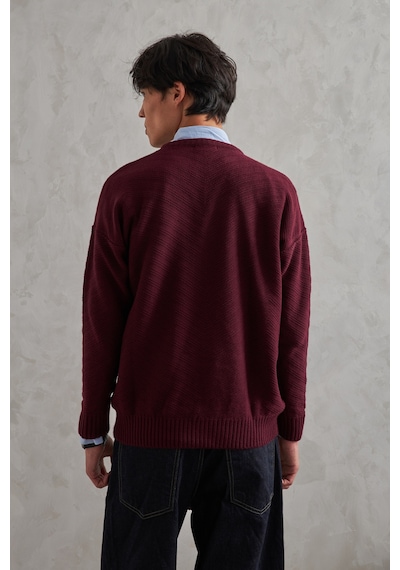 Erkek Bisiklet Yaka Oversize Ters Örgü Desen Kazak Bordo