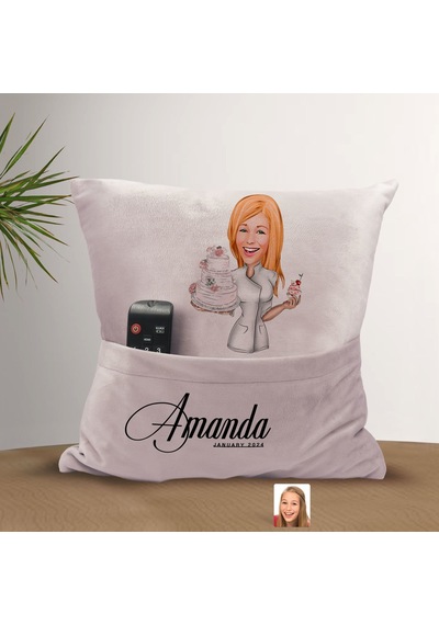 Bk Gift Kişiye Özel Chef Karikatür Tasarımlı Organizer Kumanda Ve Atıştırmalık Cepli Pembe Kırlent Yastık-5 Arkadaşa Hediye, Cepli Yastık Sarı