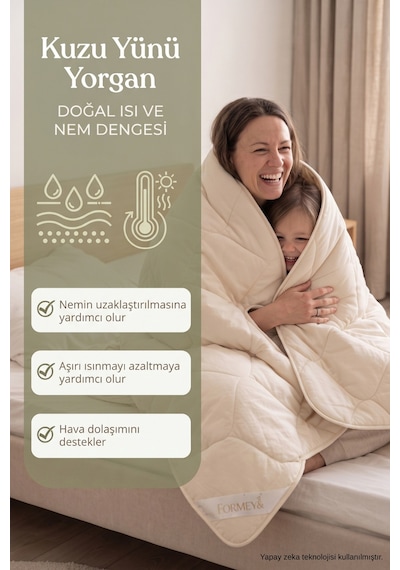 Tek Kişilik %100 Doğal Kuzu Yünü Yorgan Pamuk Kılıflı Kokusuz Terletmez Yıkanabilir 135x200 Cm Krem