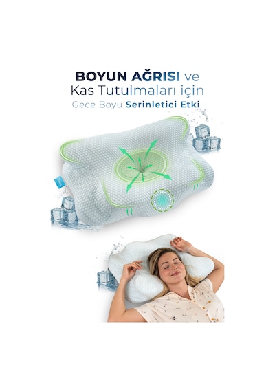 Nova Ice Serinletici Kılıflı Visco Soğuk Yastık Ortopedik Boyun Destekli Memory Foam Ergonomik Yastık 62x42x13/10cm Beyaz
