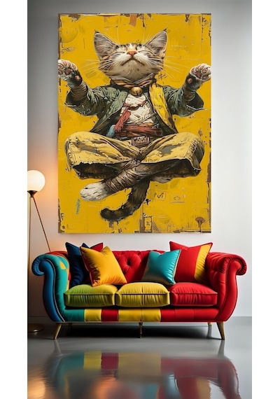 Unreal Meditasyon Yapan Kedi Iı Ev Duvar Salon Güzellik Salonu Ofis Dükkan Dekarasyon Kanvas Tablo
