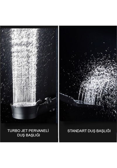 Kustar 3'lü Set Siyah 5 Fonksiyonlu Turbo Jet Pervaneli Duş Başlığı Örgülü Hortum Ve Askı Siyah