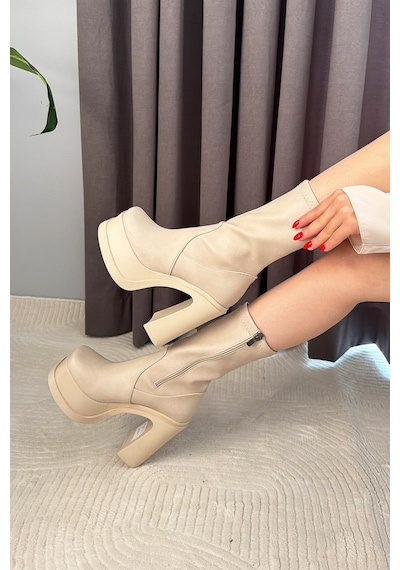 Preshley Kadın Lestina Bej Strec 12 Cm Platform Topuklu Kadın Bot K-2060