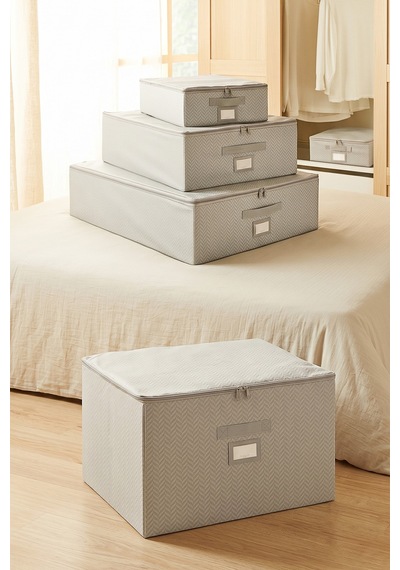 Ocean Home Textile 4'lü Gri Balıksırtı Destekli Kutu Hurç Set 31 X 38 X 12 + 45 X 55 X 18 + 55 X 70 X 18 + 48 X 40 X 30 Cm