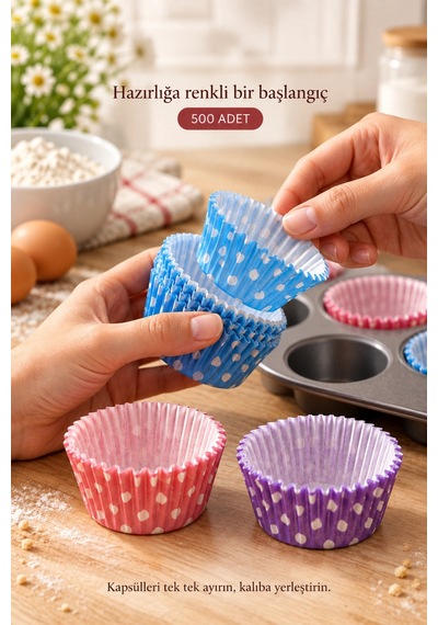 500 Adet Kağıt Muffin Kalıbı Cupcake Kek Kapsülü Desenli Puantiyeli Tek Kullanımlık Tatlı Sunum Kab Çok Renkli